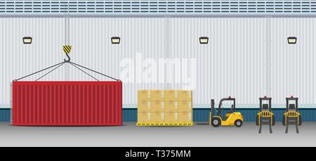 Warehouse exterior with container and forklift truck flat design vector illustration Stock Vector