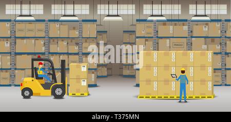 Warehouse interior with workers working flat design vector illustration Stock Vector