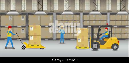 Warehouse interior with workers working flat design vector illustration Stock Vector