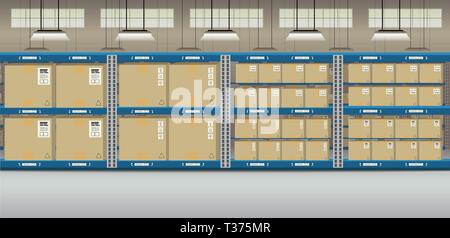 Warehouse interior with boxes on racks flat design vector illustration Stock Vector