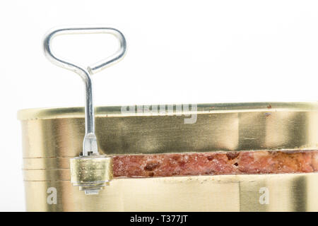 A tin of corned beef bought from a supermarket and partially opened using the key provided. White background. England UK GB. Stock Photo