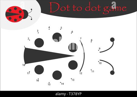 Ladybug in cartoon style, dot to dot game, coloring page, education numbers game for the development of children, kids preschool activity, printable w Stock Vector