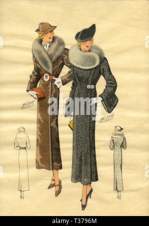 French vintage fashion sketch, Woman coats 1930s Stock Photo