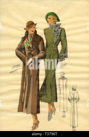 French vintage fashion sketch, Woman coats 1930s Stock Photo