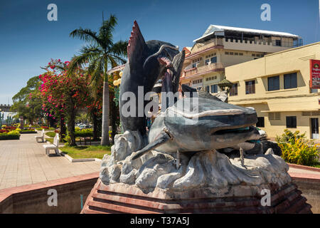 Cambodia, Kampong (Kompong) Cham, River Mekong riverside promenade, Giant Mekong Catfish sculpture Stock Photo