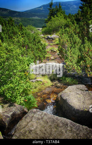 The river of the highest waterfall in National park Giant mountains in Czech republic. Beautiful view on landscape and on the big waterfall and the va Stock Photo