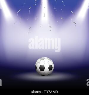 Festive sport design in blue color, with silver confetti. Illuminated football under the spot rays of light. Creative dark background. Stock Vector