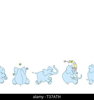 Vector seamless border of cute cartoon elephants on white background. Funny elephant-juggler and elephant-clown Stock Vector