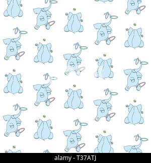 Vector seamless pattern of cute cartoon elephant juggler with hoop and ball on white background Stock Vector