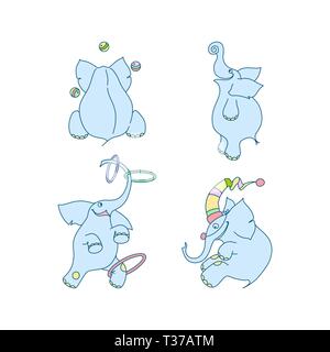 Vector illustration of cute cartoon elephant set. Cheerful elephant-juggler and elephant-clown Stock Vector