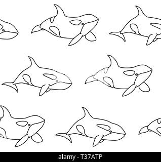 Vector seamless pattern of killer whale in outline style. Line art cartoon orca on white background Stock Vector