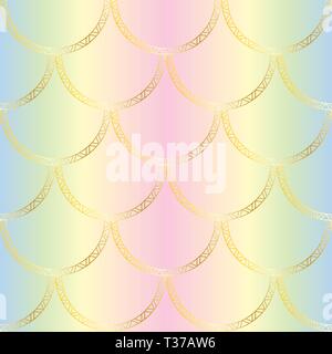 Vector golden mermaid tail texture. Fish scales seamless pattern on rainbow gradient background. Luxury background Stock Vector