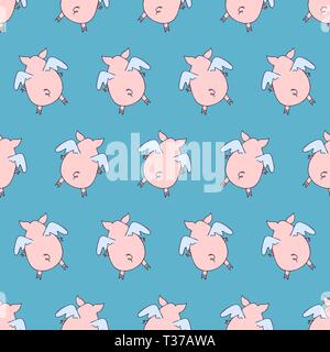 Vector seamless pattern of cartoon pigs angels flying on blue background. Stock Vector