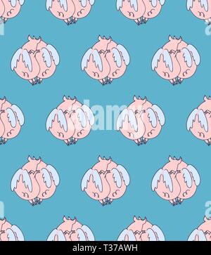 Vector seamless pattern of cartoon pigs angels flying on white background. Pink pigs couple in love Stock Vector