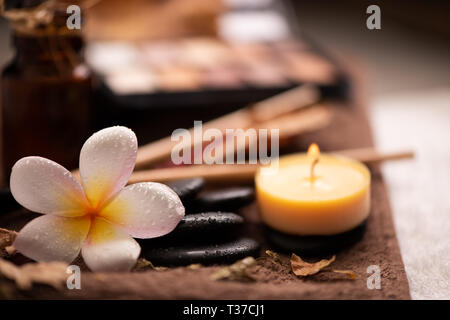 Professional makeup brushes and tools, natural make-up products set on white table with pomelia flower Stock Photo