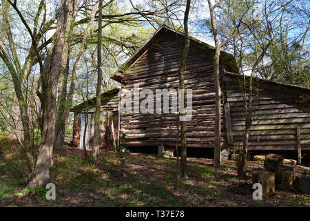 Rustic log cabins located in a wooded area along the Neuse River Greenway in Raleigh North Carolina Stock Photo