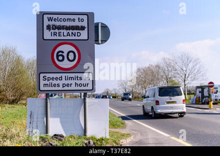 Sign at the Irish border between Northern Ireland and the Republic of Ireland. Stock Photo