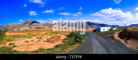 Impressive volcanic landscape in Fuerteventura island,Spain. Stock Photo