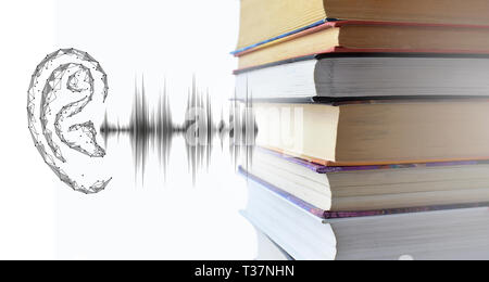Stack of multicolored books and sound audio wave to human ear. Listen audiobooks online education technology concept. Old textbooks stacked on each Stock Photo