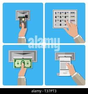 ATM terminal usage concept in four steps. hand inserts a credit card into ATM, hand dials pin code, hand takes the money from the ATM, hand takes rece Stock Vector