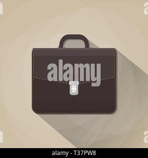 Classic modern brown leather business briefcase with long shadow. vector illustration in flat design on brown background Stock Vector