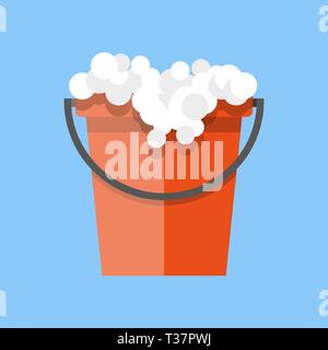 Red cleaning bucket with soap bubbles, cleaning house concept. Bucket for household. vector illustration in flat design on blue background Stock Vector