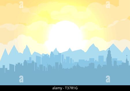 Morning city skyline. Buildings silhouette cityscape with mountains. Big city streets. Fog over city. Yellow sky with sun and clouds. Vector illustrat Stock Vector