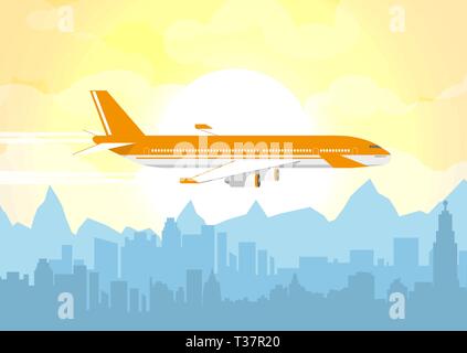 Morning city skyline. Buildings silhouette cityscape with mountains. Big city streets. Plane flying over urban city, Fog over city. Yellow sky with su Stock Vector