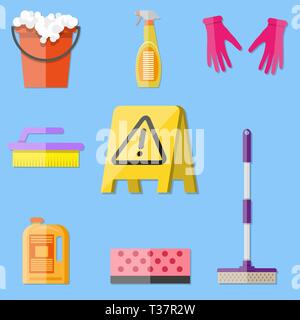 Cleaning set. MOP, sponge, red plastic bucket, cleaning products in bottle for floor and glass, yellow sign reminder of wet floor with rubber gloves u Stock Vector