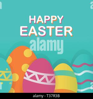 Happy Easter background template with beautiful eggs. Happy Easter big hunt or sale banner lettering with Colorful Eggs. Bright blue background. Text Stock Vector