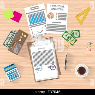 Agreement documents concept, contract with signs and stamps, documents folder, financial reports, wallet with cash and coins, calculator, coffee cup.  Stock Vector