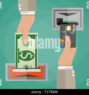 ATM terminal usage concept. One hand inserts a credit card into ATM and another hand takes the money from the ATM.  vector illustration in flat design Stock Vector
