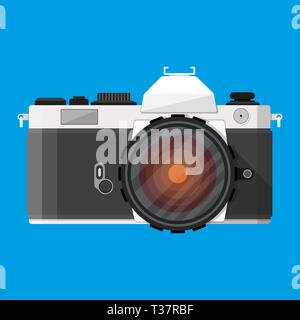 Retro photo camera in a flat style. Vintage photo camera on a blue background. vector illustration Stock Vector