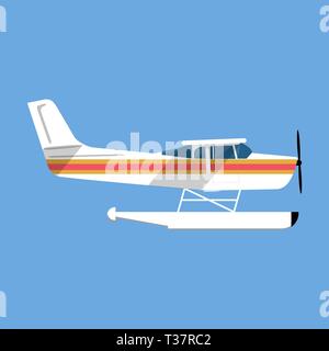 Small amphibian seaplane. plane icon. white sea plane in flat style isolated on blue background Stock Vector
