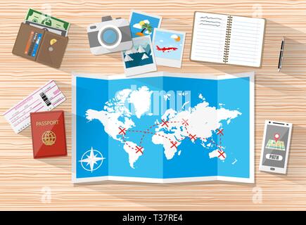 Wooden table with paper map of world and tourist equipment. passport, airplane ticket, notebook, smartphone with navigation application, photo camera  Stock Vector