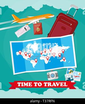 Red suitcase travel bag, passport, airplane ticket, photo camera, folded map with destinations, plane. vector illustration in flat design on green bac Stock Vector