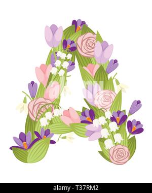 A letter. Cartoon flower font design. Letter with flowers and leaves. Flat vector illustration isolated on white background. Stock Vector