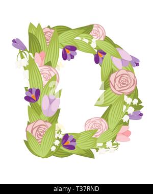 D letter. Cartoon flower font design. Letter with flowers and leaves. Flat vector illustration isolated on white background. Stock Vector