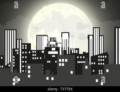 Silhouette of the city with cloudy night sky, stars and full moon ...