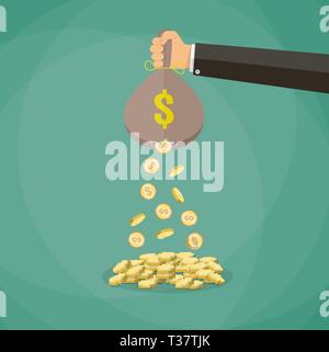 Cartoon businessman hand holding money bag and losing golden coins that poured out from a hole in the bag. vector illustration in flat style on green  Stock Vector