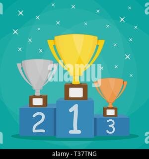 Gold, Silver and Bronze Trophy Cup on blue prize podium. Business or sporting achievements, the championship winner. victory. Vector illustration in f Stock Vector