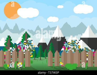 landscape of mountains, flowers, wooden fence, trees, blue sky with clouds and sun. vector illustration in flat style Stock Vector