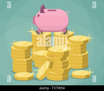 Pink piggy bank and stacks of gold coins on green background. savings, investment, vector illustration in flat design. Stock Vector