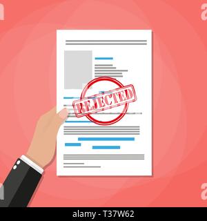 Hand holds rejected paper document, red rejected stamp. Vector flat illustration in flat style on red background Stock Vector