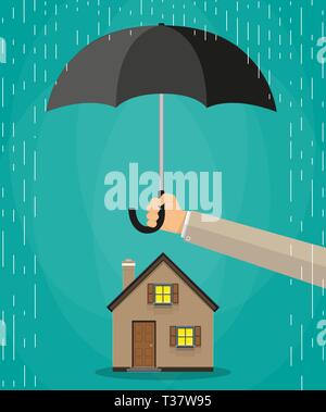 Cartoon living house protection concept, agent hand holding umbrella under rain over house. vector illustration in flat style on green backgound Stock Vector