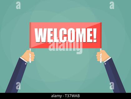 Human hands holding red plate with word Welcome, vector in flat style on green backgroundillustration Stock Vector