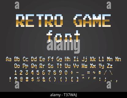 Pixel retro font Video computer game design 8 bit letters and numbers Electronic futuristic style. vector illustration Stock Vector