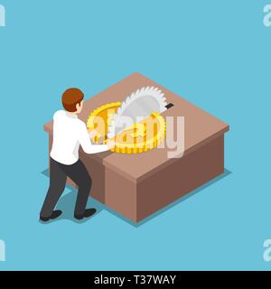 Flat 3d isometric businessman cut a coin in half on table saw. Expense reduction and cost reduction concept. Stock Vector