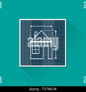 Paper house plan with dimension lines. blueprint drawing in shape of house sign. Architecture, building, real estate, construction, housing. vector il Stock Vector