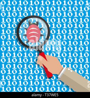 hand with magnifying glass scanning digital software code for bugs. software testing quality control. antivirus soft. vector illustration in flat styl Stock Vector